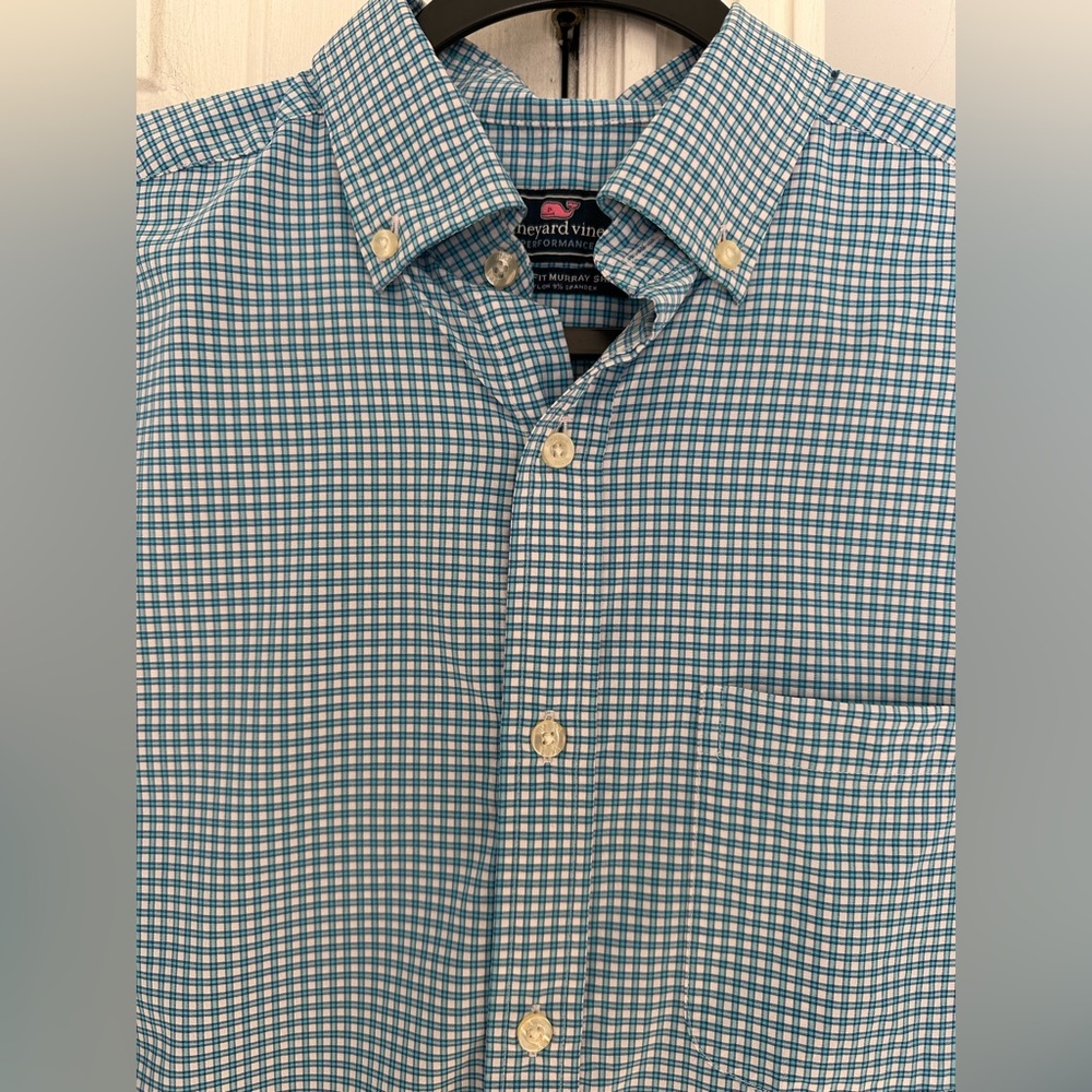 EUC Vineyard Vines Classic Fit Performance Murray Sz S Gingham Plaid Blue Aqua